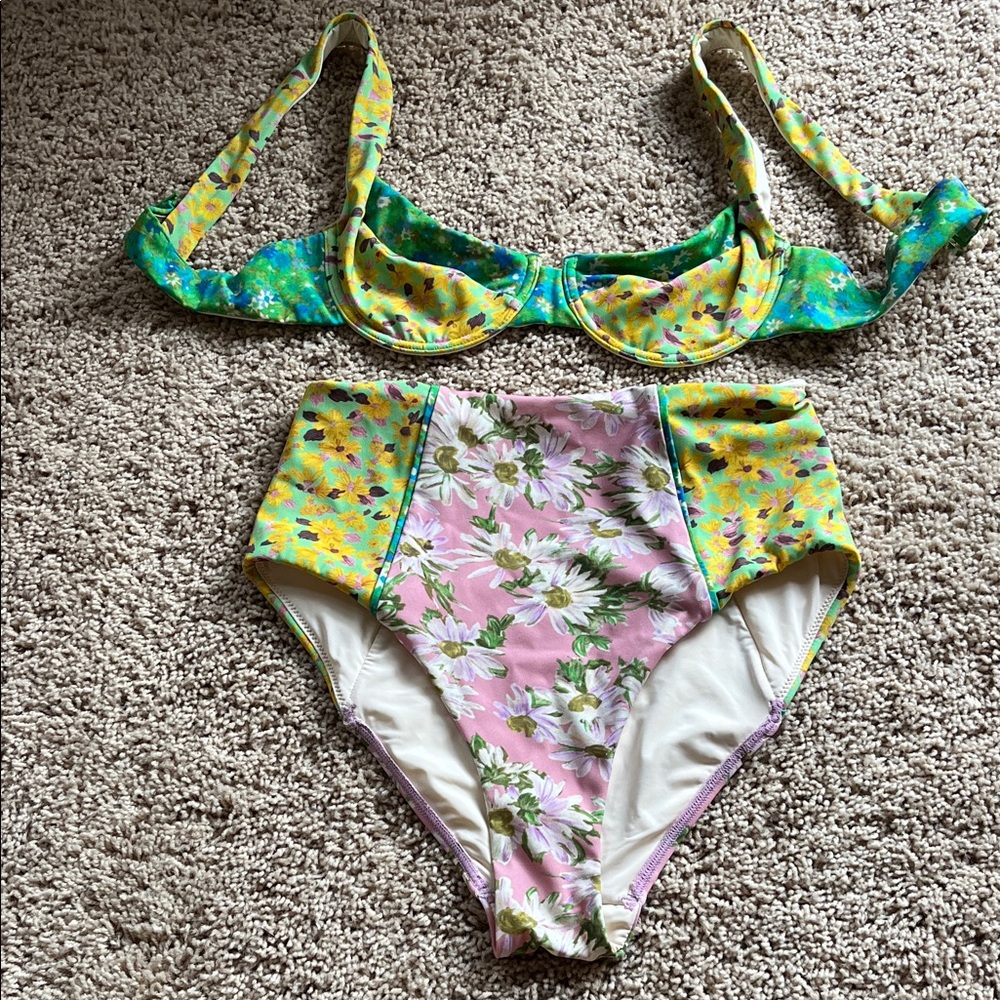 Alemais Floral Swimsuit. High bottom  - Green, Yellow, Pink